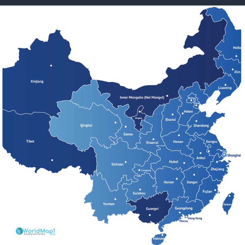 Carte des etats de Chine avec Taiwan